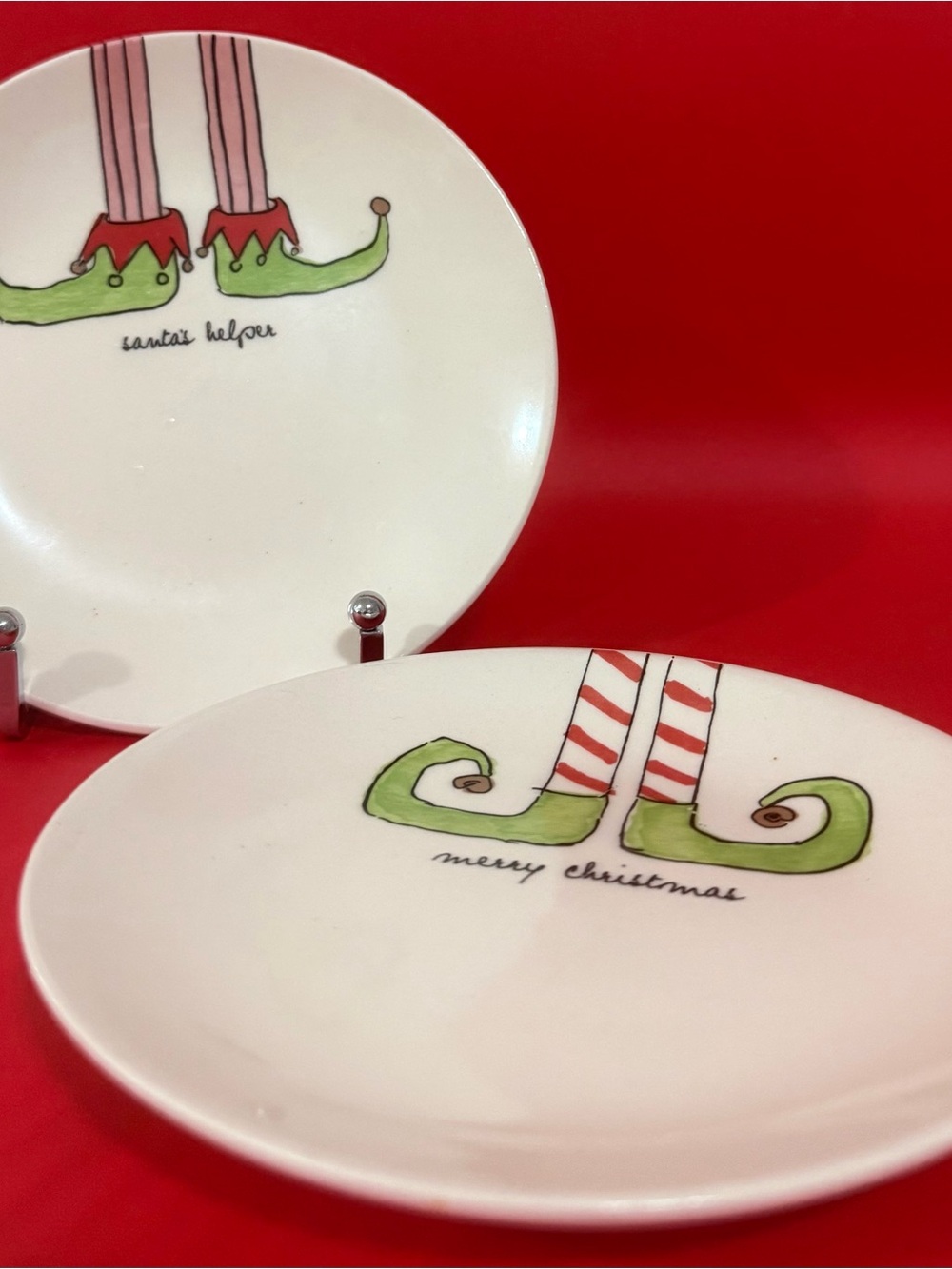 Set of 2  Rae Dunn Elf Feet Dessert Plates Santas Helper Merry Christmas Magenta